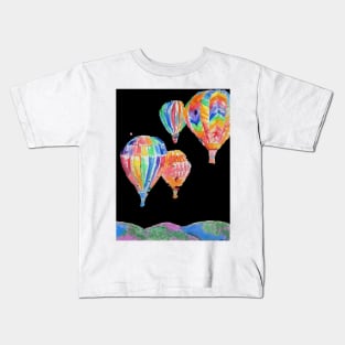 Hot Air Balloon Watercolor Painting on Black Balloons Kids T-Shirt